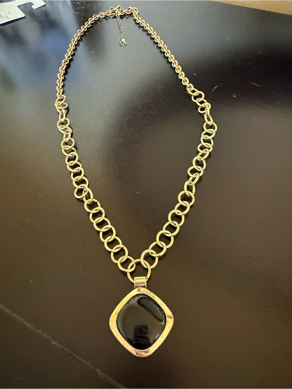 Gold tone long 17in long link Chain Necklace with Black Pendant - Women Jewelry